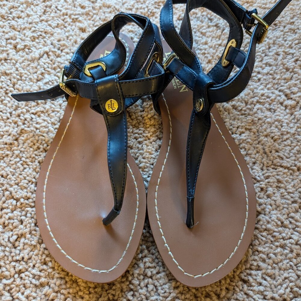 Lauren Ralph Lauren Black and Brown T-Strap Sandals